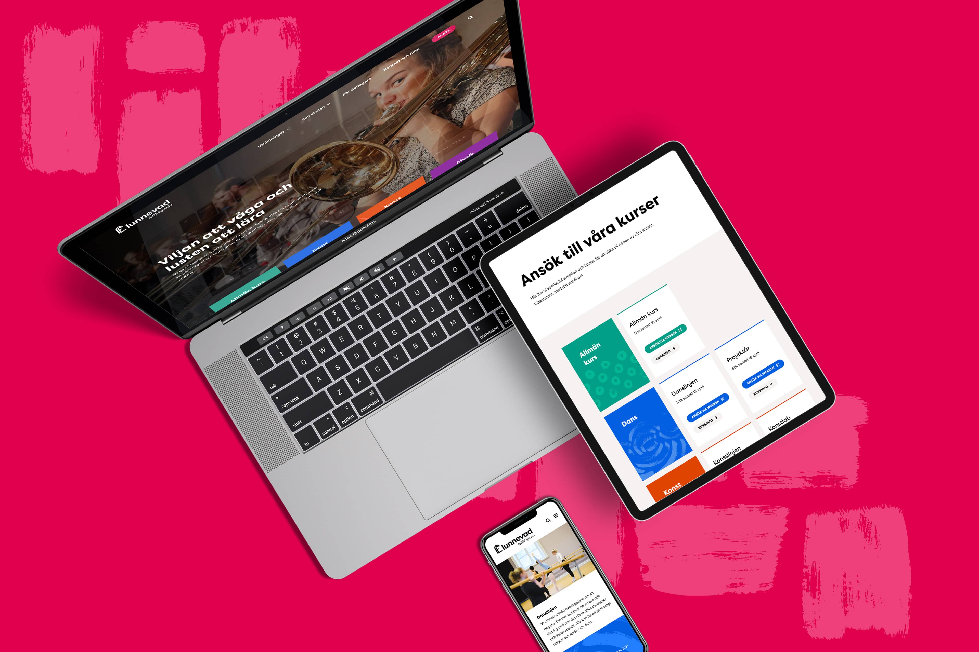 Skärmar som visar Lunnevad folkhögskolas hemsida
