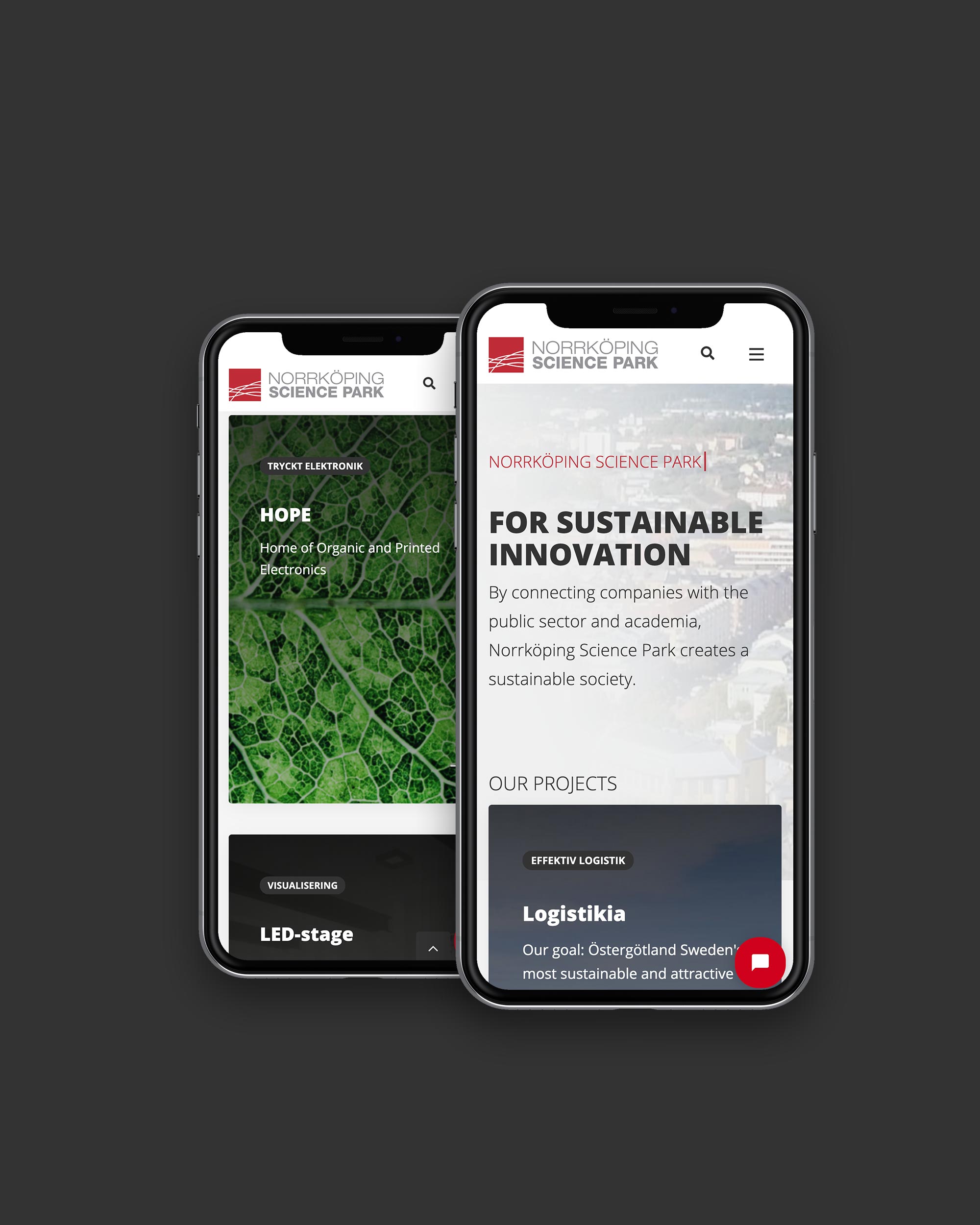 Två mobilskärmar som visar Norrköping Science Parks hemsida som utvecklades av Bishop Media